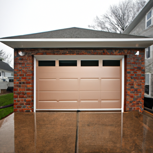 Summit NJ suburban garage door with visible bottom seal and threshold on a wet driveway after rain.