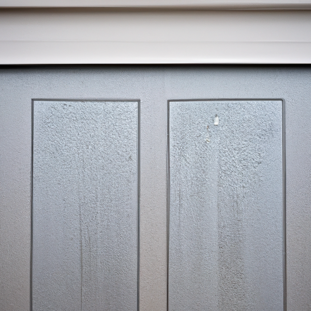 Steel, fiberglass, and composite garage door panels with moisture droplets against a neutral background.