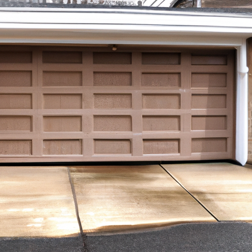 Summit, NJ suburban garage with a closed sectional door showing bottom seal and weatherstripping on a damp morning.
