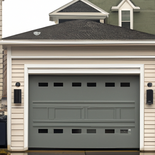 Exterior view of a modern garage door with smart keypad at a suburban Summit, NJ home, no people visible.