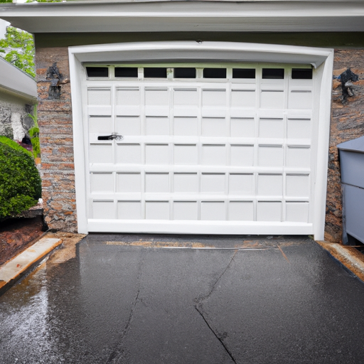 Suburban Summit, NJ driveway with a closed white raised-panel garage door and wet pavement after rain.