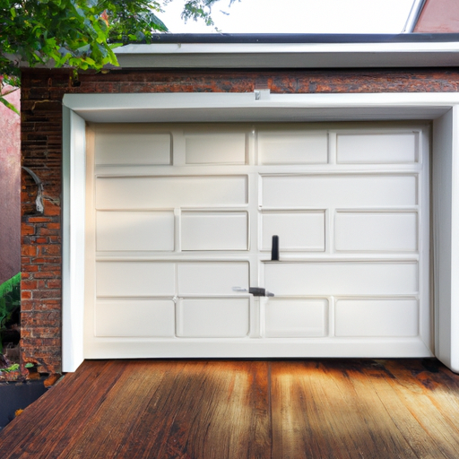 Raised-panel garage door on a brick Summit, NJ home at dawn with driveway visible, no people.