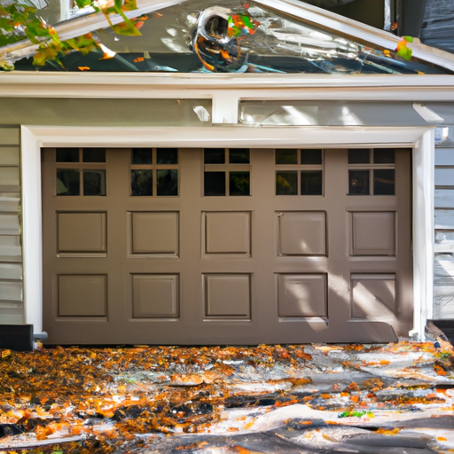 Colonial-style home in Summit, NJ with a closed paneled garage door, autumn leaves on the driveway, no people.