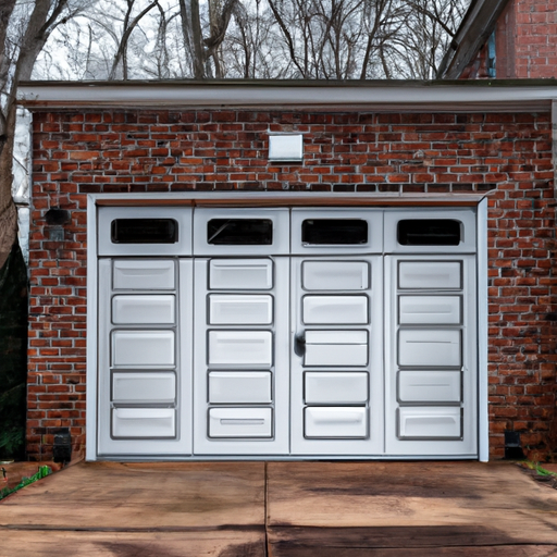 Editorial photo of a modern steel garage door on a brick Summit, NJ home, driveway visible, no people.
