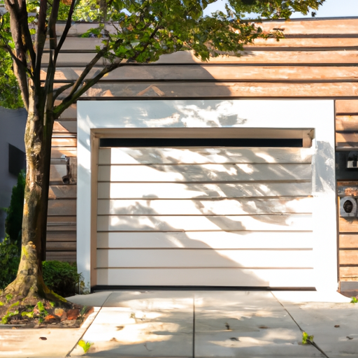 Suburban Summit, NJ home with modern garage door, smart keypad, brick facade, and maple tree in driveway.