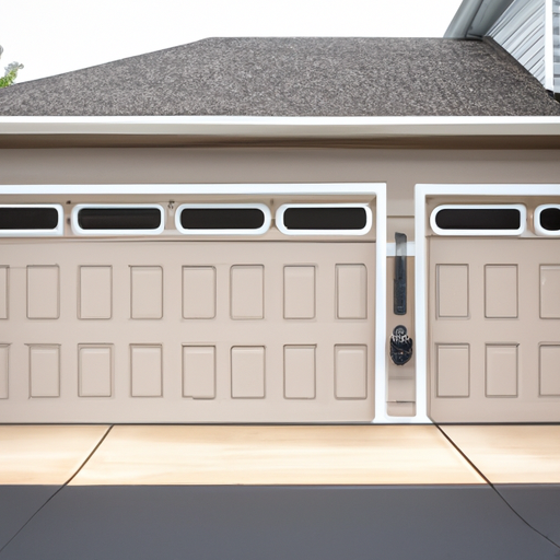 Modern insulated sectional garage door on a suburban Summit, NJ home, late-morning light, no people.