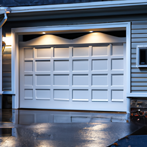 Suburban Summit garage at dusk with modern sectional door partially open and smart home lighting visible.