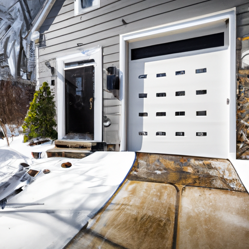 Suburban Summit home with modern garage door and smart keypad, light snow on landscaping.