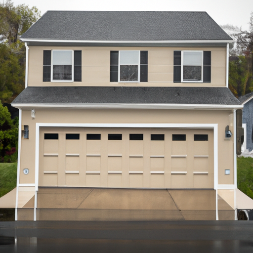 Suburban Summit, NJ house exterior with a modern insulated sectional garage door on a wet day