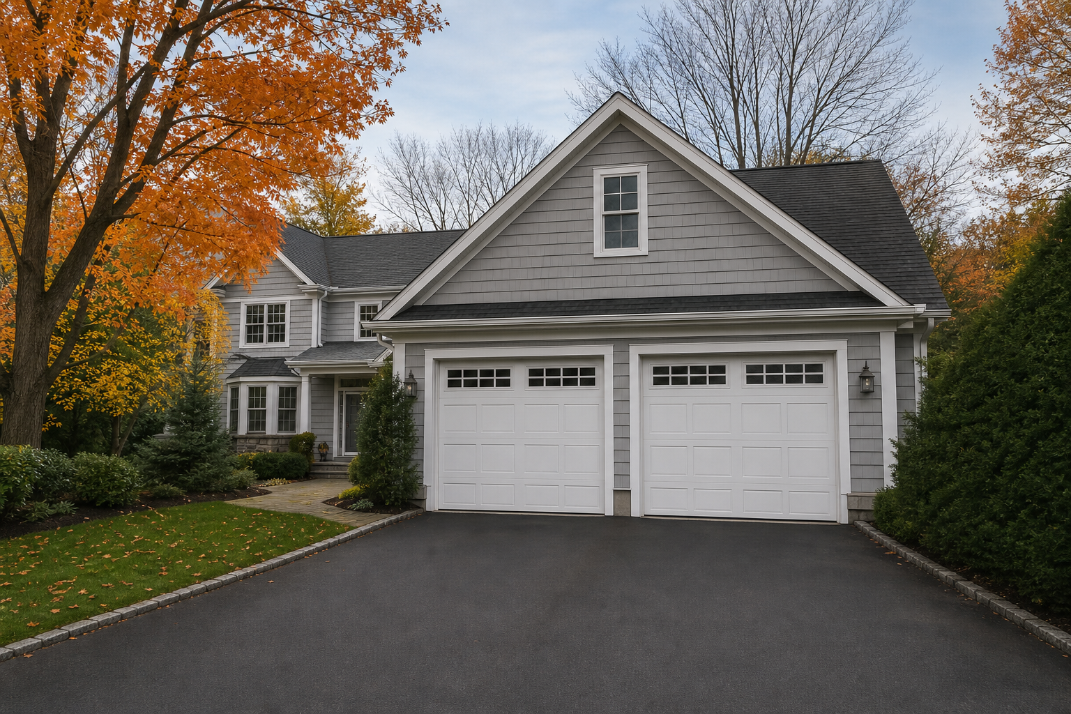 Suburban Summit home with a closed garage door in a seasonal residential setting