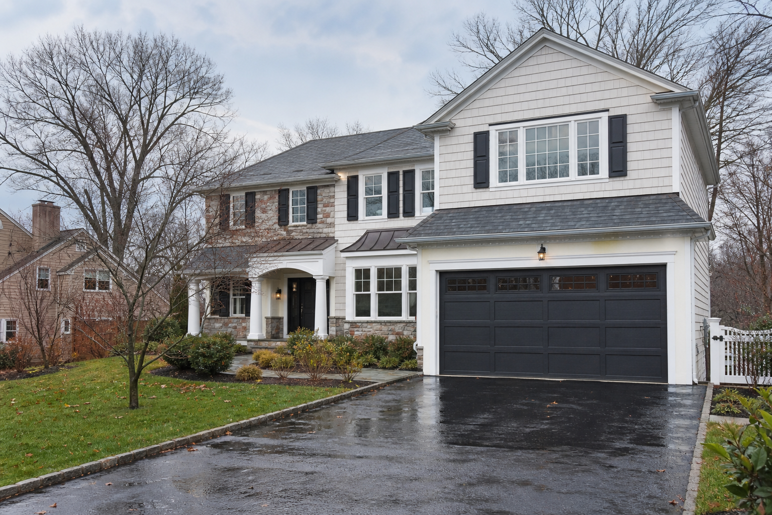New garage door on a Summit, NJ home with a wet driveway after rain